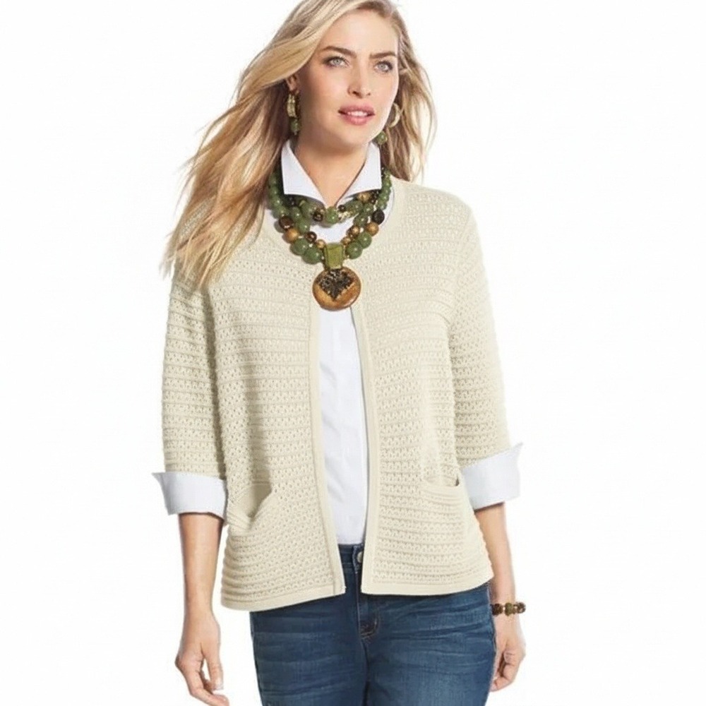 NWT Chico's Structured‎ Celille Cardigan Sweater White Open Knit Size 2/L-12